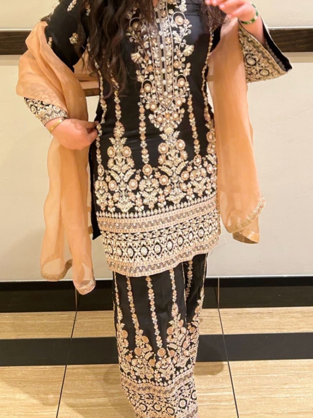 Black & Peach Embroidered Women's Kurta Set